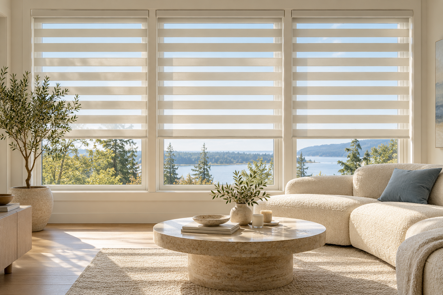 Room inspiration: a bright living room with ivory zebra blinds